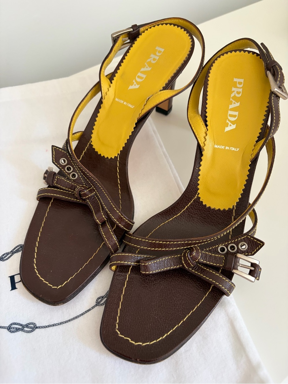 Prada Brown Leather Slingback Heels with Yellow Insole